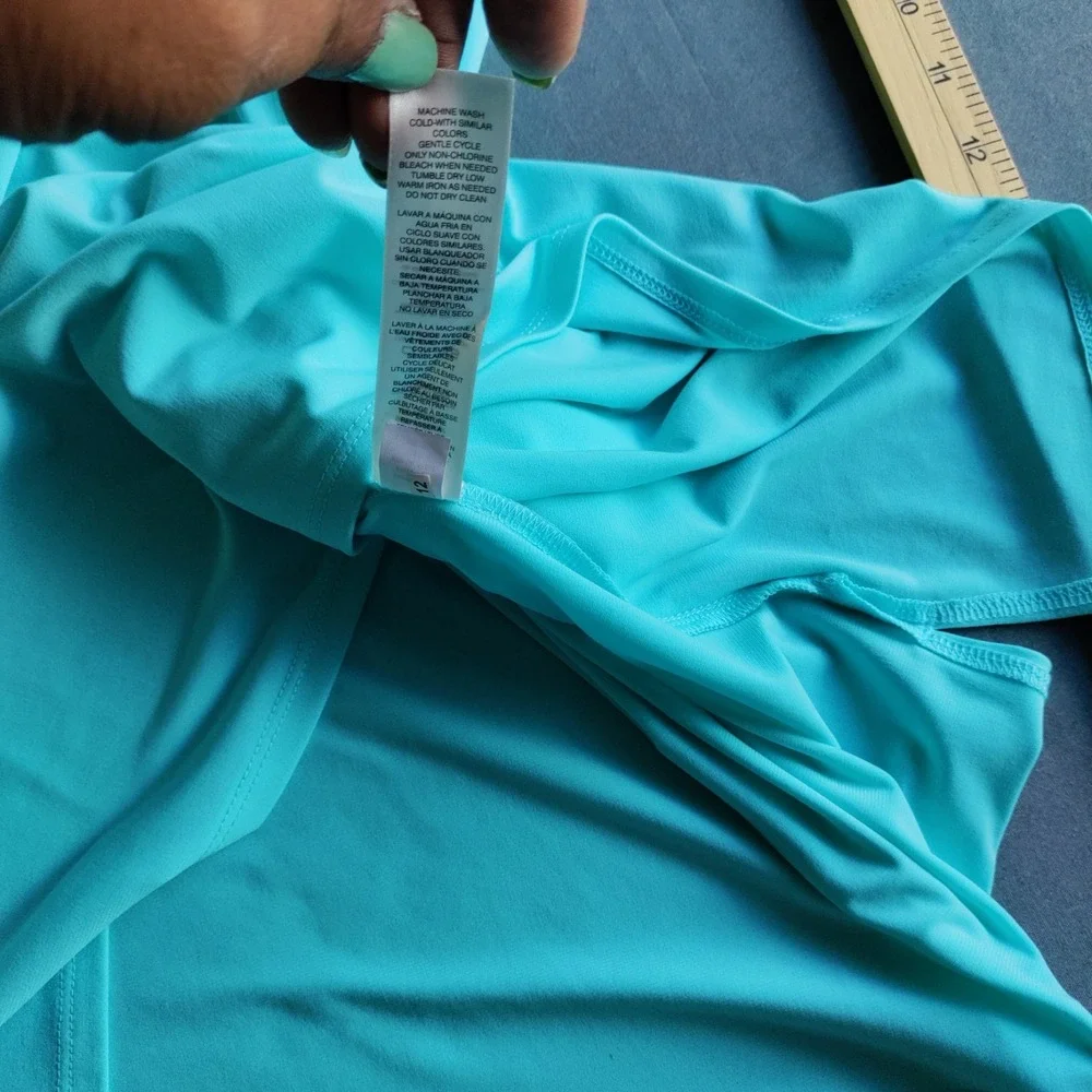 Chico's The Ultimate Tee Women Teal‎ 3 Liquid Knit Shark Hem Faux Wrap Lagun Y2K - Picture 10 of 12